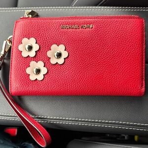 Michael Kors Red Wristlet with Gold Floral Details